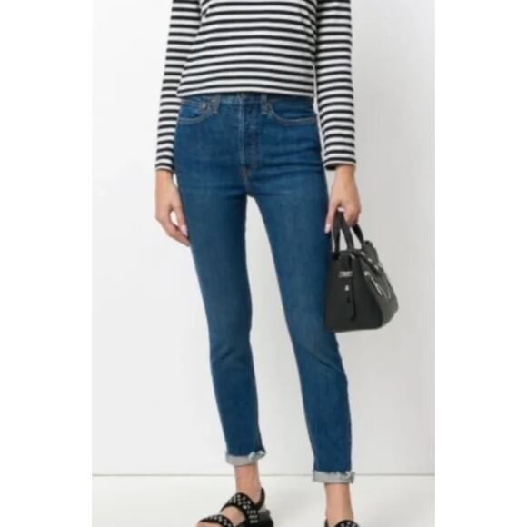 Revolve RE/DONE 90's high rise ankle pants jeans raw hem straight leg button 25 - Picture 1 of 15